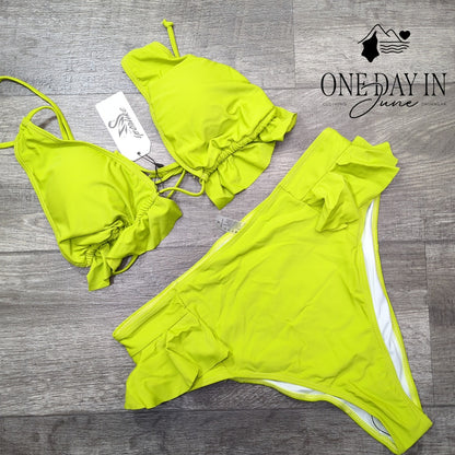 Sporlike Triangle Ruffle High Waist Bikini Swimsuit Lime Green NWT Size XL