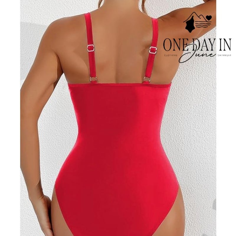 Zando Mesh Cut Out One Piece Swimsuit Red Ruched Tummy Control Size XL