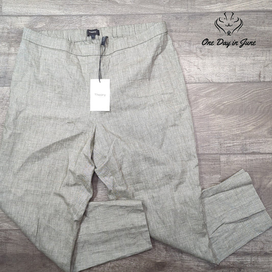 Theory Basic Pull On Pants Gray Linen Blend Eco Sharkskin NWT $295 Size 12