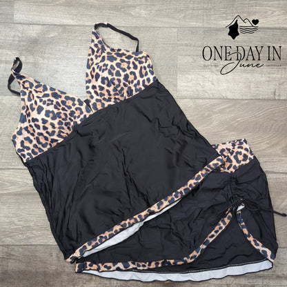 Rekita Plus Size Leopard Skirted Tankini Swimsuit Black NWT Size XXL