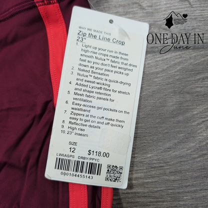 Lululemon Zip the Line Crop 23 Leggings Deep Ruby Poppy Coral NWT Size 12