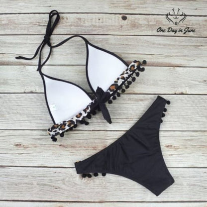 ODIJ Black Tassel Leopard Accent Bikini Size M