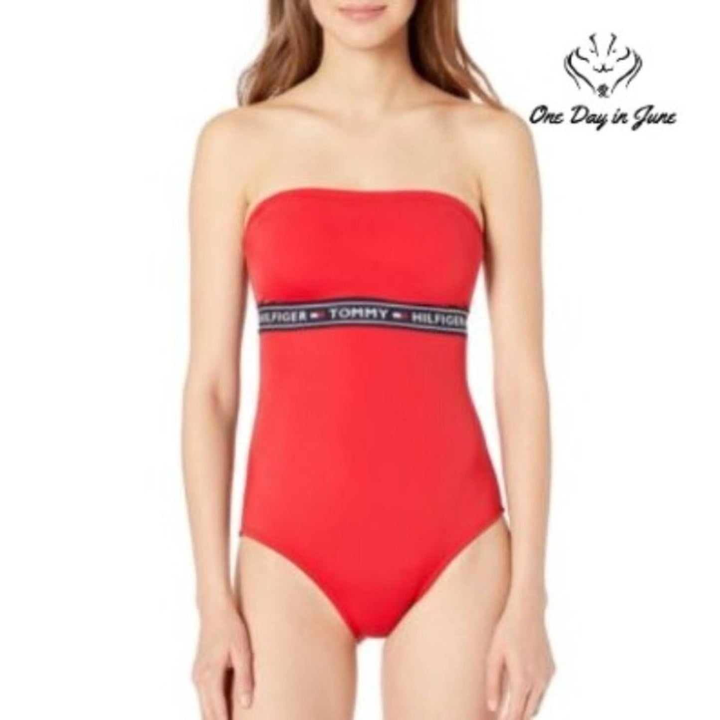 Tommy Hilfiger One Piece Swimsuit Red Strapless Logo Band NWT Size XL