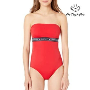 Tommy Hilfiger One Piece Swimsuit Red Strapless Logo Band NWT Size XL
