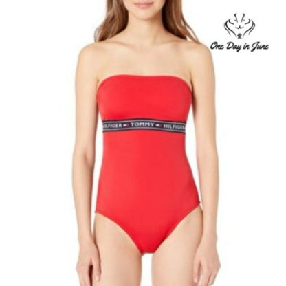 Tommy Hilfiger One Piece Swimsuit Red Strapless Logo Band NWT Size XL