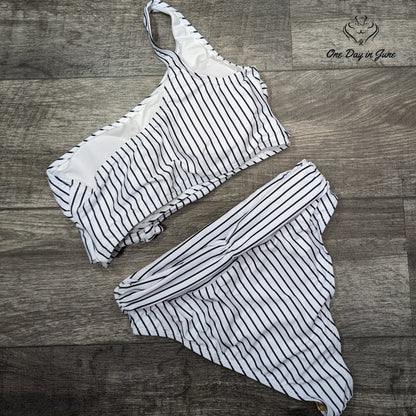 Pink Queen Striped One Shoulder Bikini Swimsuit Size XL