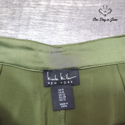 Nicole Miller New York Satin Cargo Pants Olive Green Ruched Leg Size 8
