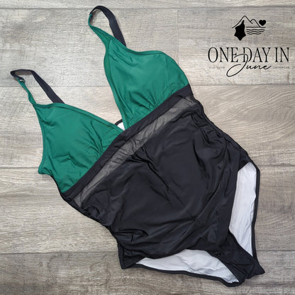 Suuksess Mesh Cut Out Tummy Control One Piece Swimsuit Green Black Size XXL