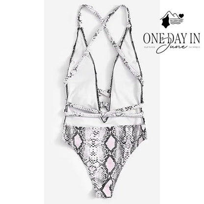 SweatyRocks Snakeskin Deep V Neck Wrap Tie One Piece Swimsuit NWT Size XL