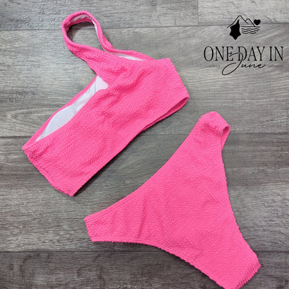 Aleumdr Textured One Shoulder Bikini Swimsuit Hot Pink 2 Piece Size S