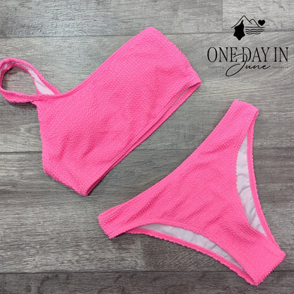 Aleumdr Textured One Shoulder Bikini Swimsuit Hot Pink 2 Piece Size S