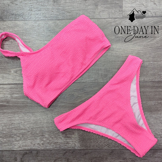Aleumdr Textured One Shoulder Bikini Swimsuit Hot Pink 2 Piece Size S