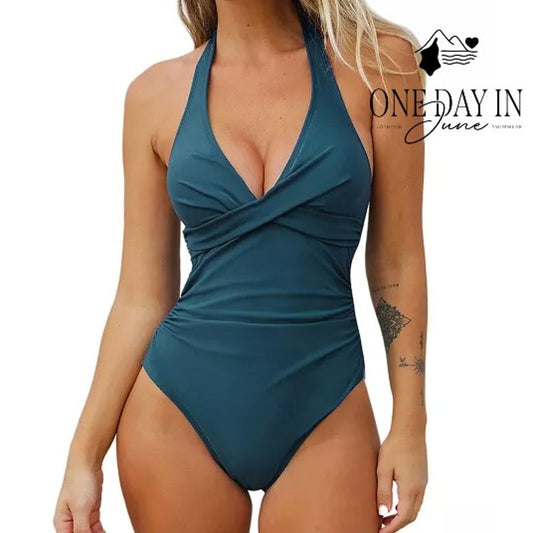 Aleumdr Cross Front Halter One Piece Swimsuit Teal Blue Ruched Size M