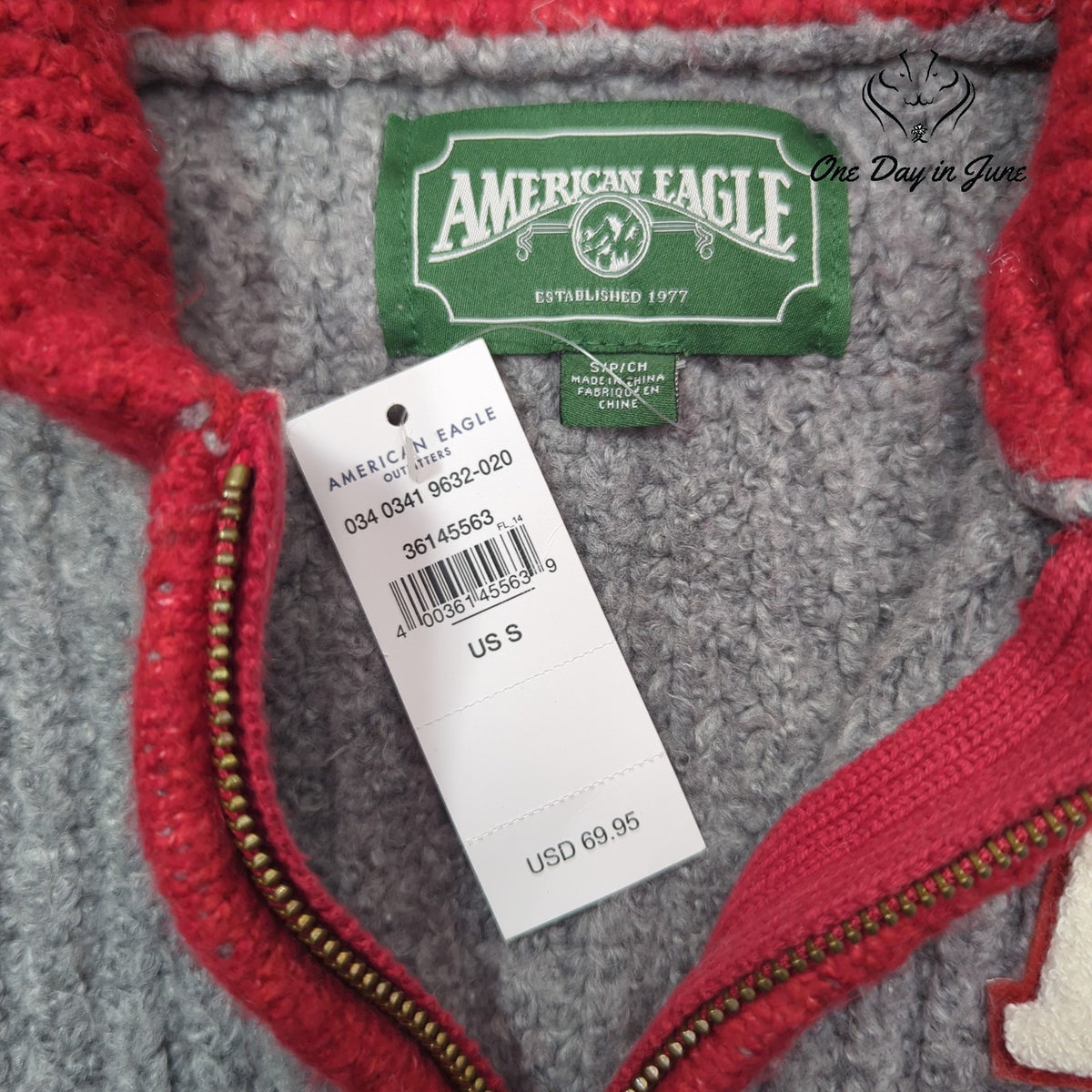 American Eagle Outfitters Varsity Zip Cardigan Sweater Gray AE Patch NWT Size S