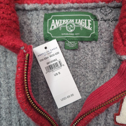 American Eagle Outfitters Varsity Zip Cardigan Sweater Gray AE Patch NWT Size S