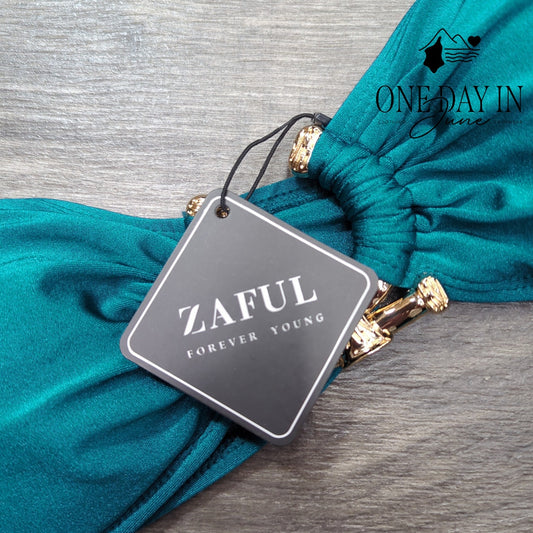 Zaful Bandeau Tie Side Bikini Swimsuit Teal Gold Hardware Strapless NWT Size M