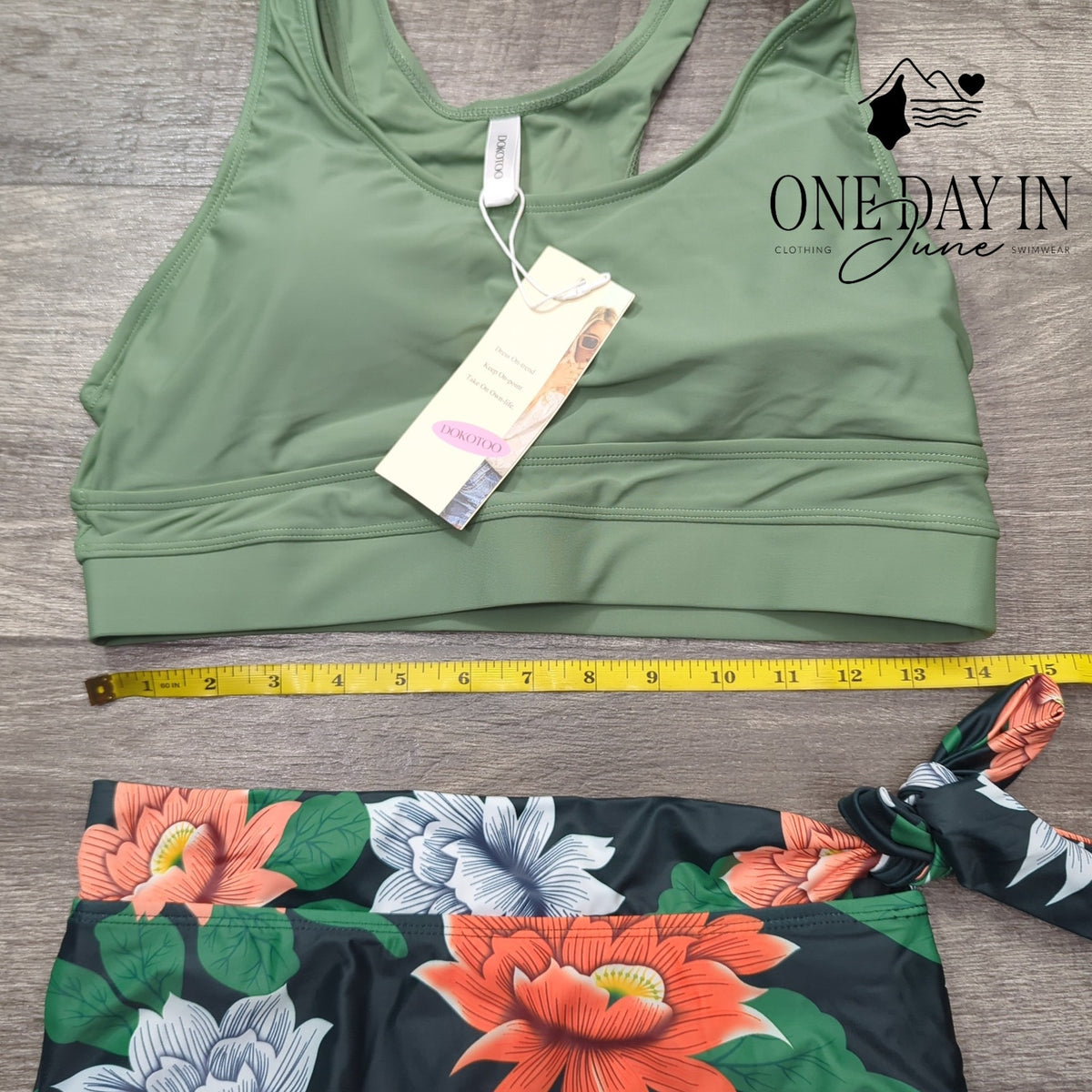 Dokotoo Crop Top High Waist Floral Bikini Swimsuit Green NWT Size M