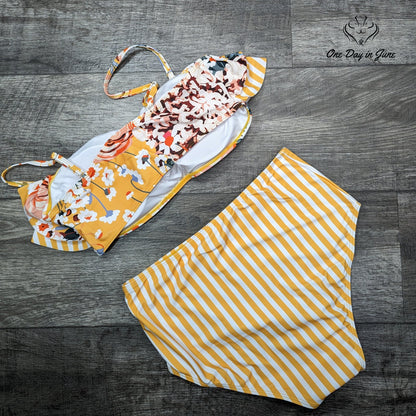 Ferbia Bandeau Bikini Swimsuit Floral Ruffle High Waist Yellow NWT Size L
