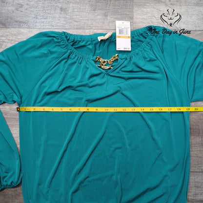 Michael Kors Blouse Teal Green Gold Chain Off Shoulder NWT Size S