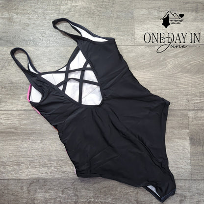 CharmLeaks Crossback One Piece Swimsuit Black Pink Abstract Stripe Size S
