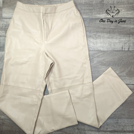 WAYF Faux Leather Wide Leg Pants Beige High Rise Elastic Waist Size M