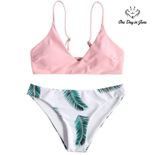 Zaful Palm Leaf Bikini Swimsuit Pink White Green Adjustable Strap NWT Size S