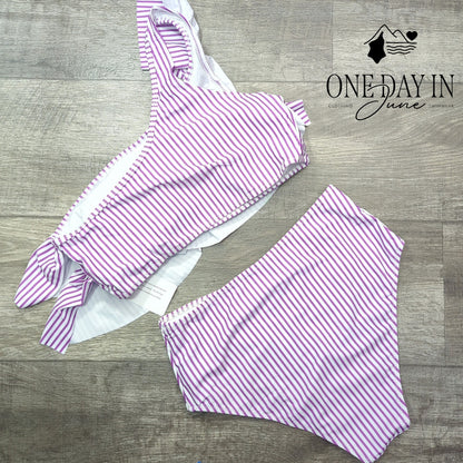 Vimpunec One Shoulder Ruffle High Waist Bikini Purple Stripe NWT Size M