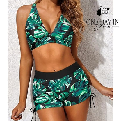 Yonique Boyshort Cage Back 3 Piece Bikini Swimsuit Size L