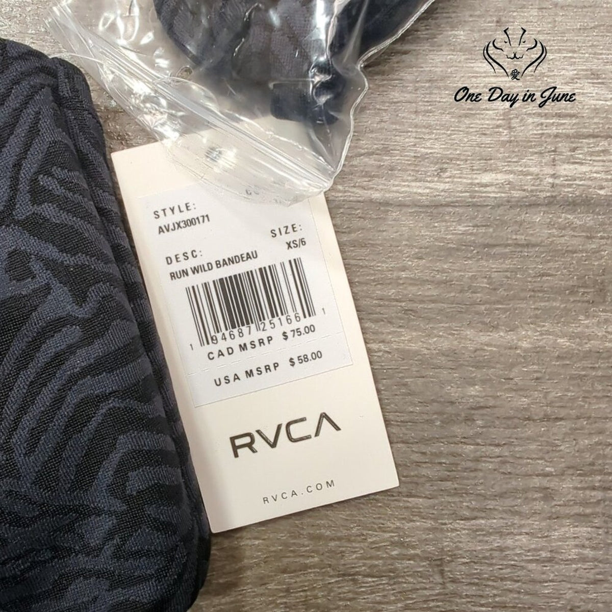 RVCA Run Wild Bandeau Bikini Top Black Jacquard NWT $58 Size XS