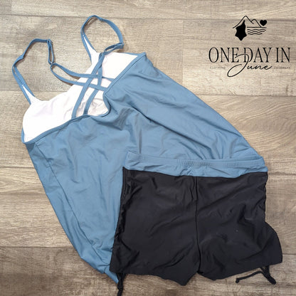 Yonique Blouson Tankini Swimsuit Blue Strappy Back Boy Shorts NWT Size L
