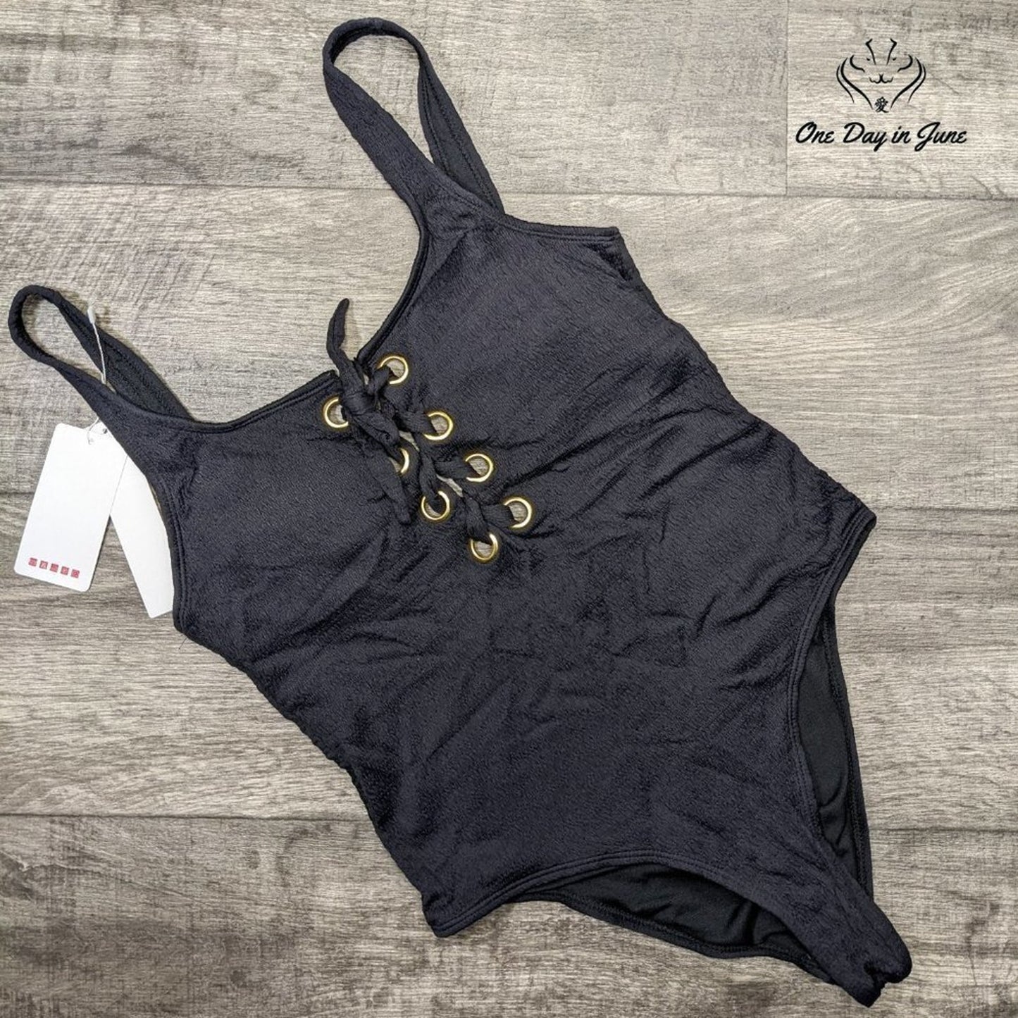 California Waves Junior's Textured Grommet Lace Up One Piece Swimsuit Size L