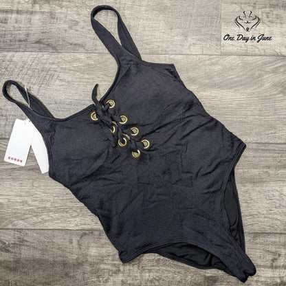 California Waves Junior's Textured Grommet Lace Up One Piece Swimsuit Size L