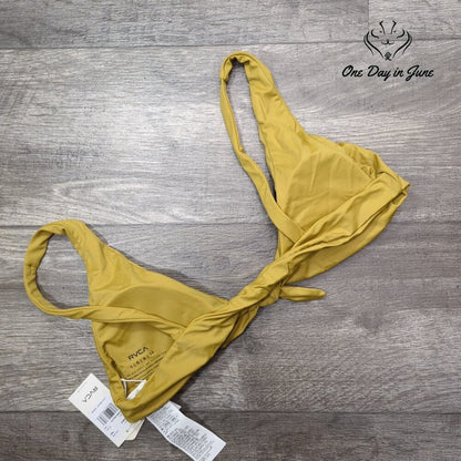 RVCA Tie Front Bralette Bikini Top Mustard Yellow Gold NWT $60 Size L