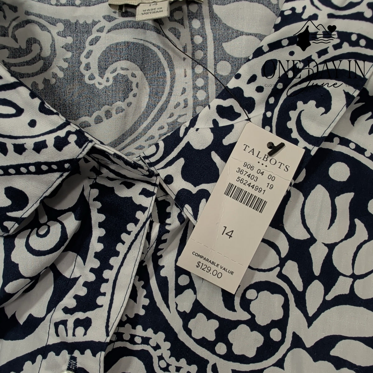 Talbots Paisley Button Front Belted Midi Shirtdress Navy White NWT Size 14