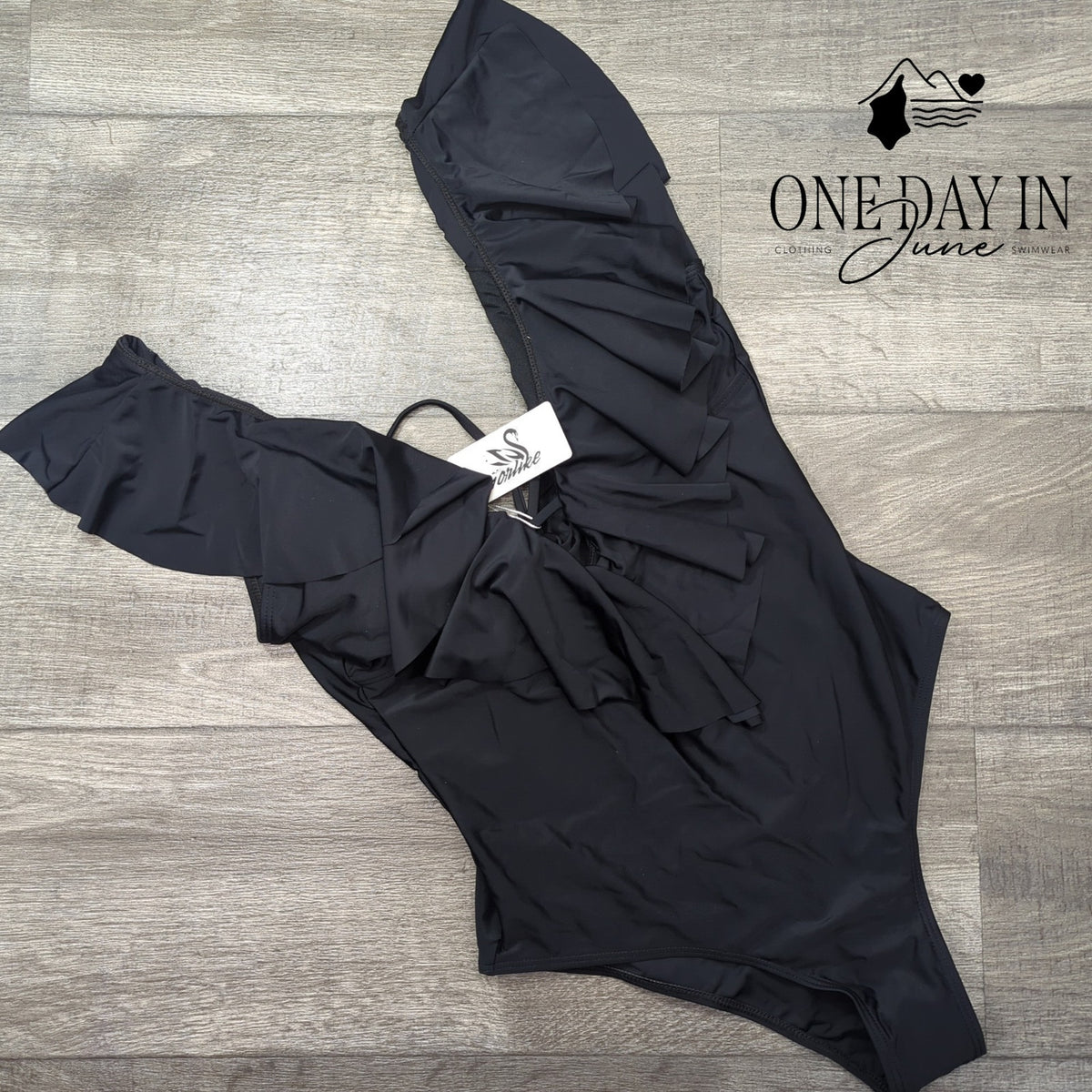 Sporlike Womens Ruffle Shoulder Deep V One Piece Swimsuit Black NWT Size M