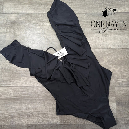 Sporlike Womens Ruffle Shoulder Deep V One Piece Swimsuit Black NWT Size M