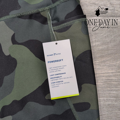 Old Navy Elevate PowerSoft Leggings Green Camo High Rise 7/8 Pockets NWT Size L