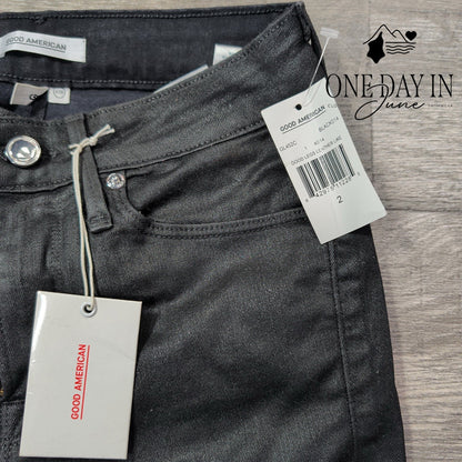 Good American Good Legs Leather Like Coated Skinny Jeans Black NWT Size 2 (26)