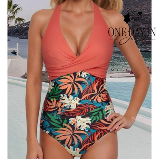 Adisputent Cross Front Tropical One Piece Swimsuit Size XL