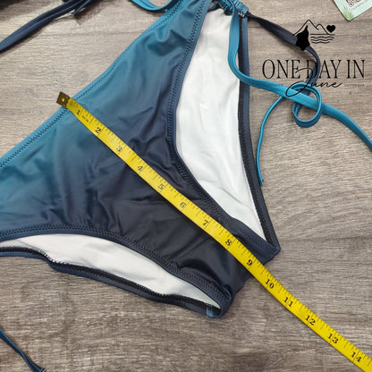 Charmo Ombre Triangle Halter Tie Side Bikini Swimsuit Teal Navy NWT Size M