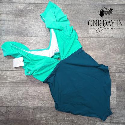 B2Prity Cross Front Cut Out Ruffle Shoulder One Piece Swimsuit Size M