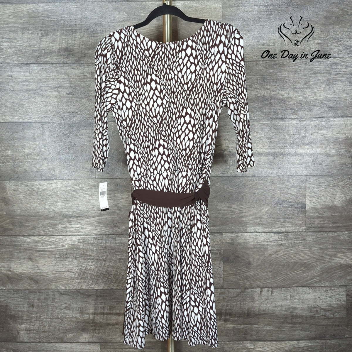 AGB Petite Abstract Print Faux Wrap Belted Midi Dress Brown White NWT Size 8P