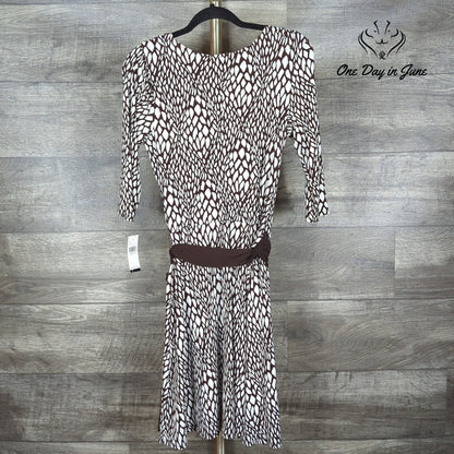AGB Petite Abstract Print Faux Wrap Belted Midi Dress Brown White NWT Size 8P
