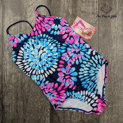 Kanu Surf Girls Daisy Beach Sport One Piece Swimsuit Floral Navy NWT Size 12