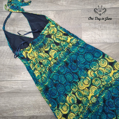 Old Navy Y2K Halter Maxi Dress Blue Green Yellow Linen Blend Boho Size XS