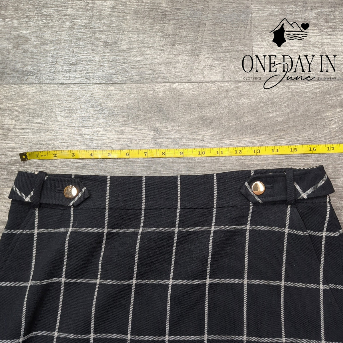 Loft Windowpane Plaid Mini Skirt Black White Gold Buttons Size 8