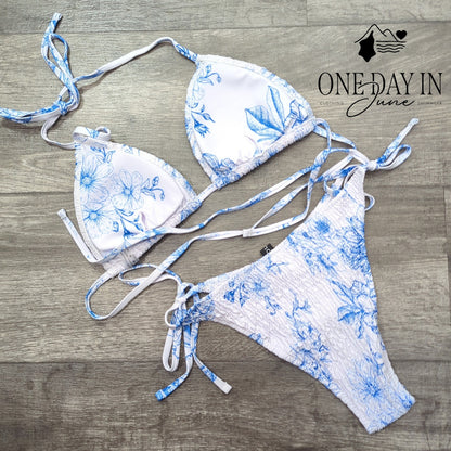 Volafa Smocked Floral Halter Tie Side Bikini Swimsuit Blue White Size L
