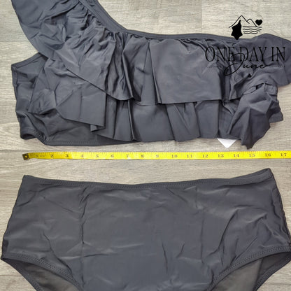 Vimpunec One Shoulder Ruffle High Waist Bikini Swimsuit Black NWT Size XXL