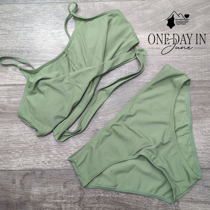 Aleumdr Girls Cross Front Bikini Swimsuit Sage Green 2 Piece Size 15-16Y