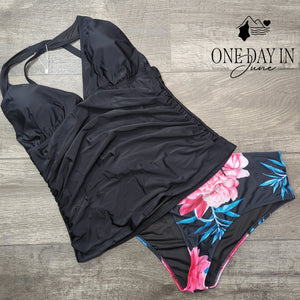 Beachsissi V Neck Tummy Control Tankini Swimsuit Black Floral NWT Size XL